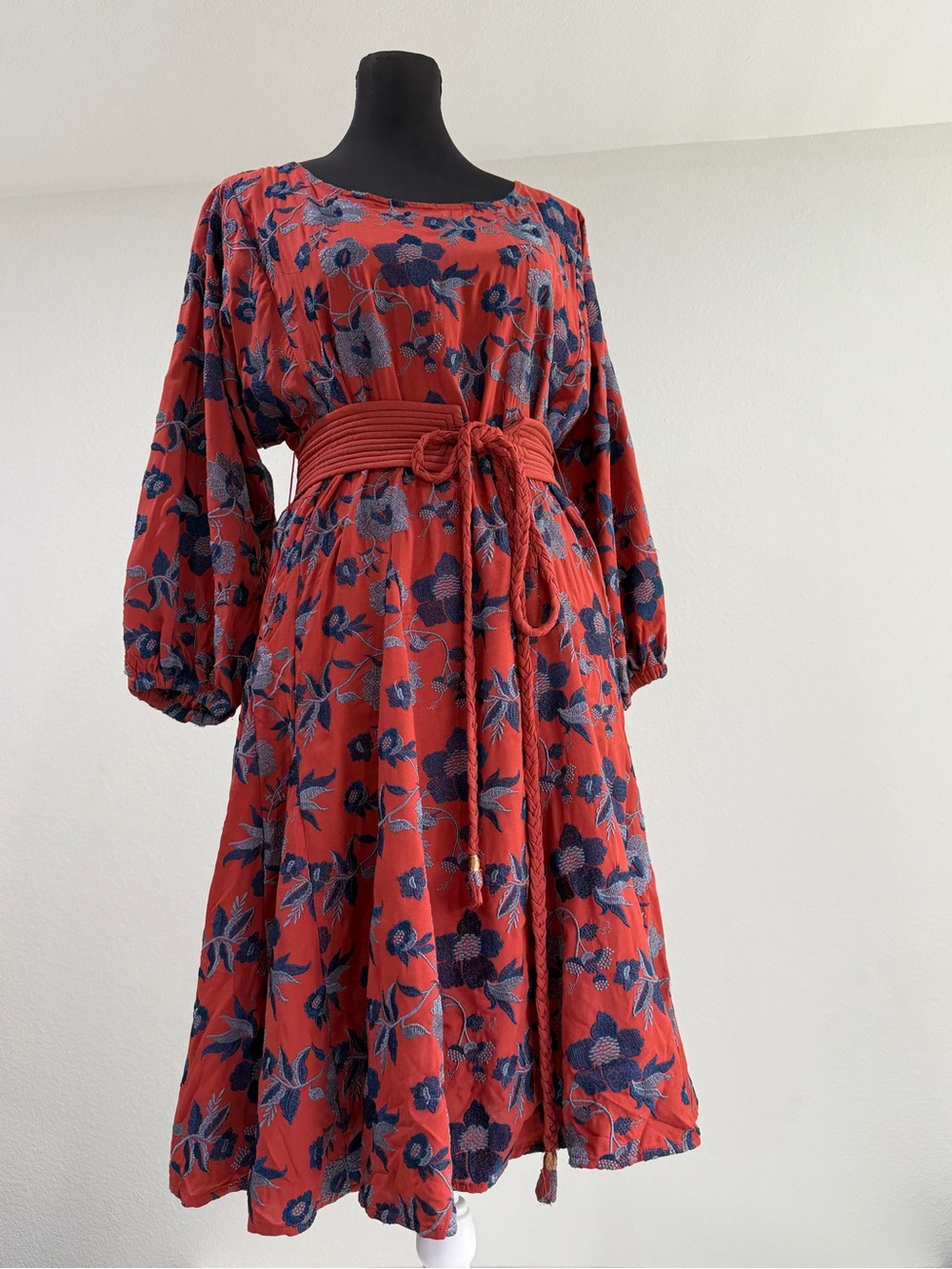 Anthropologie Orange Red Blue Floral Juniper Embroidered Swing Dress Sz‎ XS